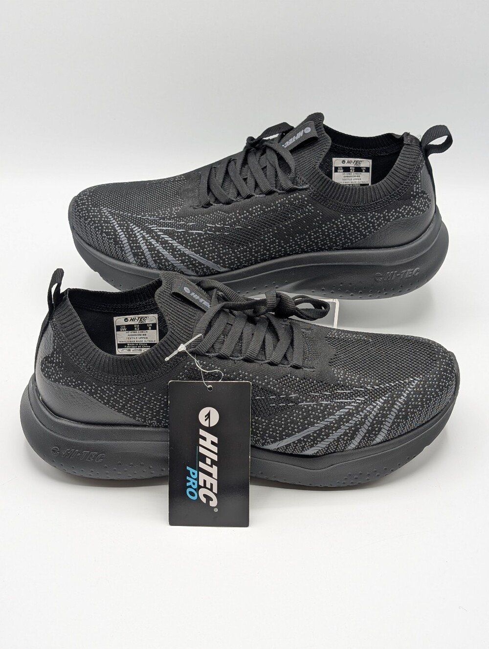 Hi-Tec Pro Shoes Men 9W Black Knit Slip-On Running LaceUp Running Sneakers